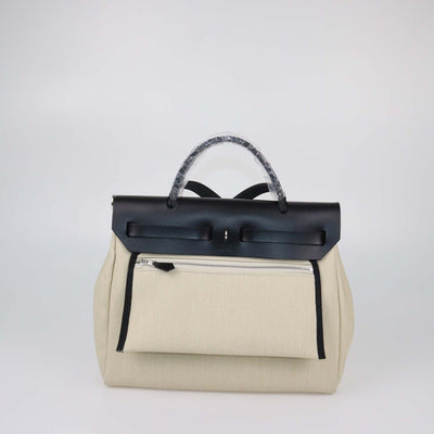 Hermes Black/Beige Canvas and Vache Hunter Leather Herbag Zip Retourne 31 Bag