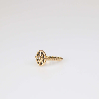 Christian Dior 18K Yellow Gold Diamond Onyx Rose Des Vents Ring Size 50