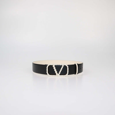 Valentino Black/White Leather VLogo Pearl Embellished Reversible Belt