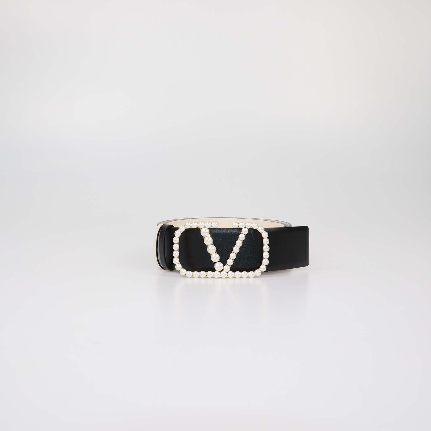 Valentino Black/White Leather VLogo Pearl Embellished Reversible Belt