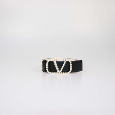 Valentino Black/White Leather VLogo Pearl Embellished Reversible Belt