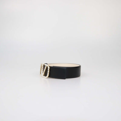 Valentino Black/White Leather VLogo Pearl Embellished Reversible Belt