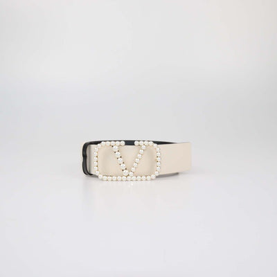 Valentino Black/White Leather VLogo Pearl Embellished Reversible Belt