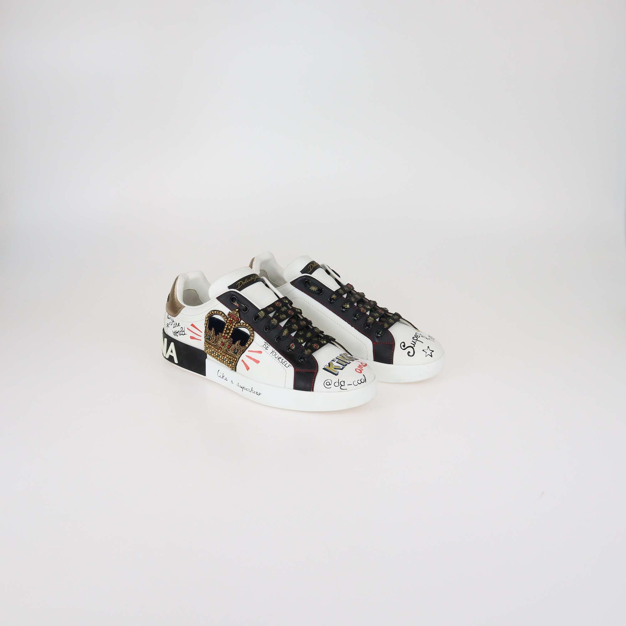 Dolce & Gabbana White Leather Printed Portfolio Low Top Sneakers