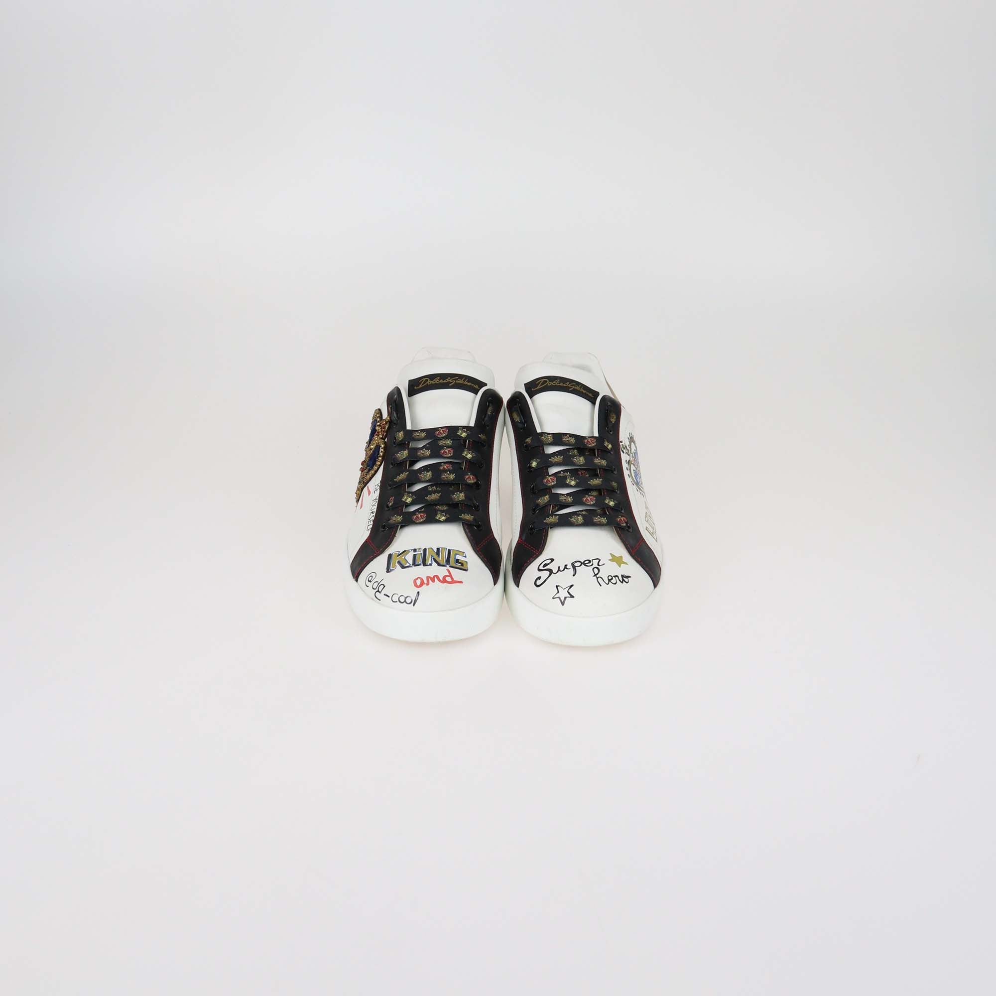 Dolce & Gabbana White Leather Printed Portfolio Low Top Sneakers