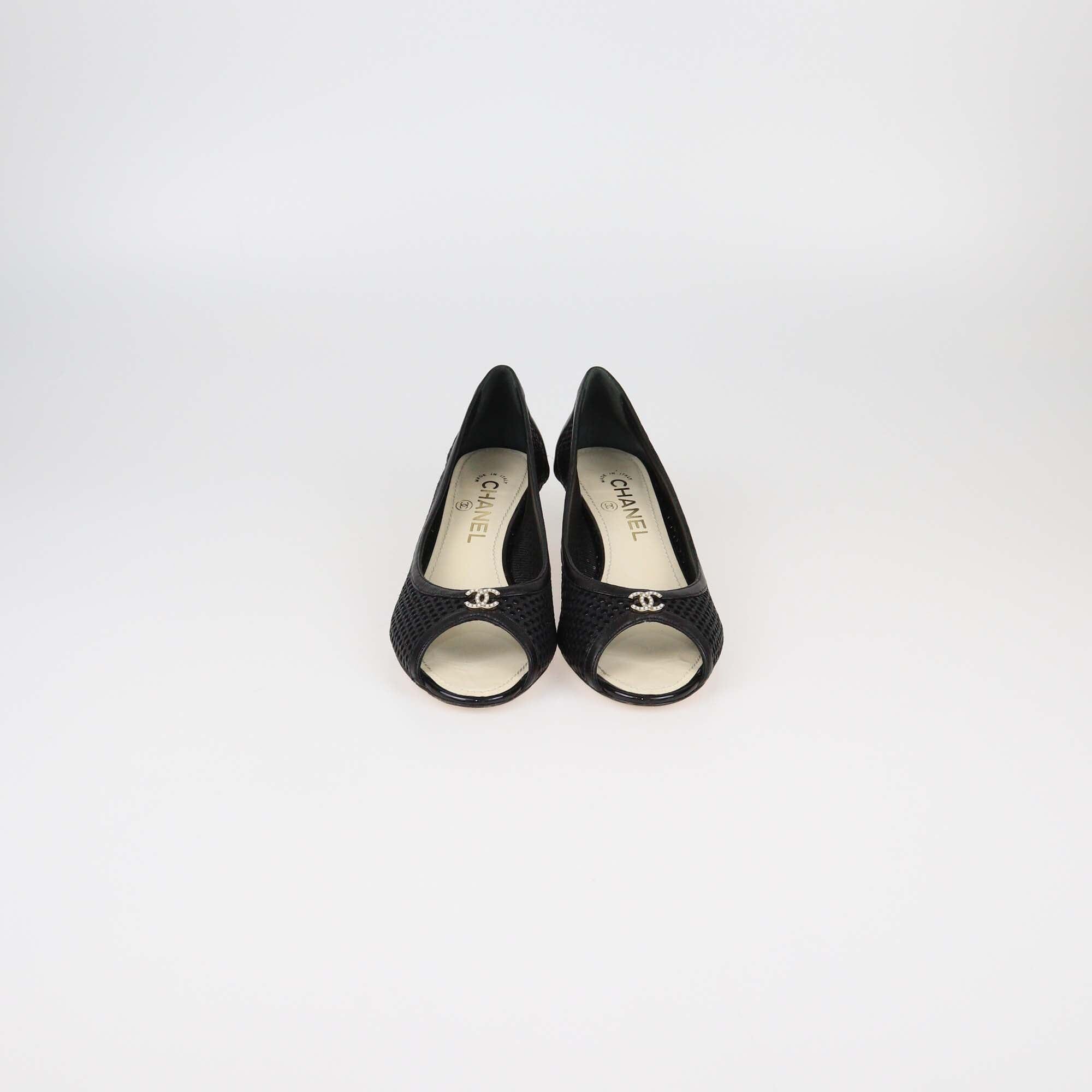 Chanel Black Mesh CC Peep Toe Pumps Womens Chanel 