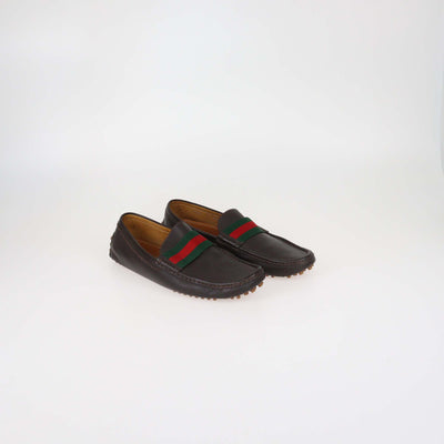 Gucci Dark Brown Leather Web Driver Loafers