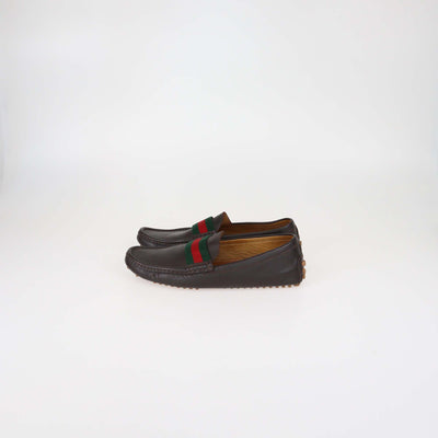 Gucci Dark Brown Leather Web Driver Loafers
