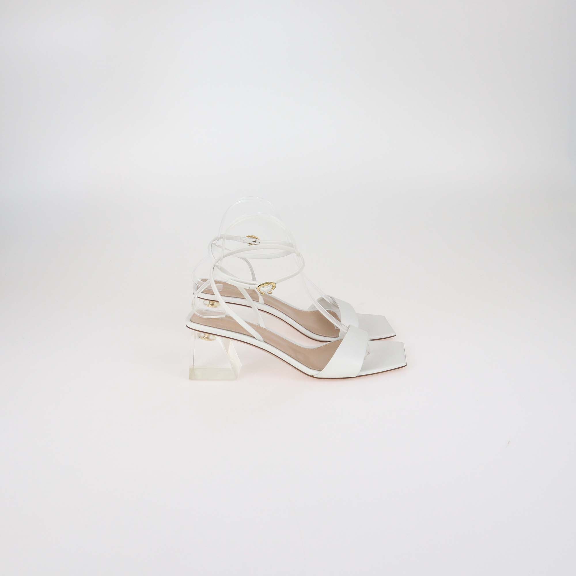 Gianvito Rossi Cosmic White Leather Plexi Clear Heel Ankle Strap Sandals