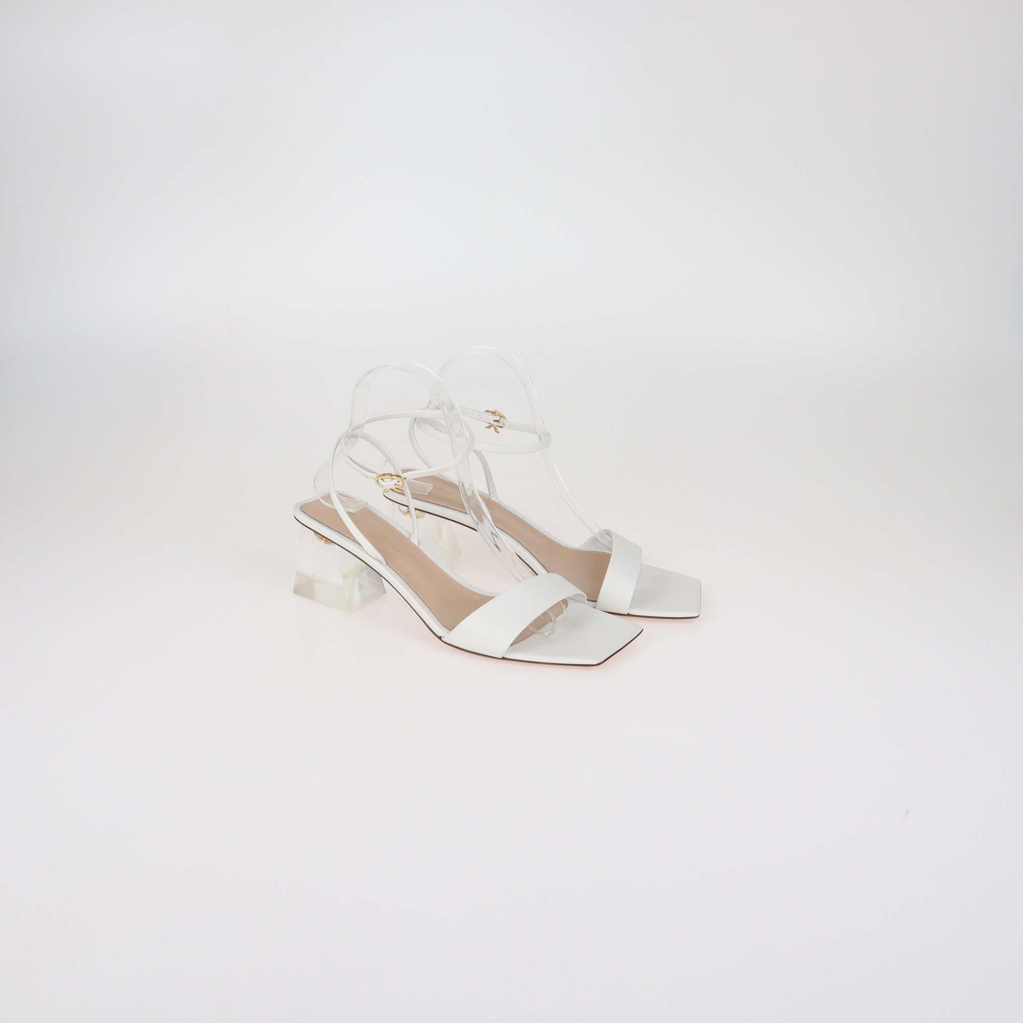 Gianvito Rossi Cosmic White Leather Plexi Clear Heel Ankle Strap Sandals