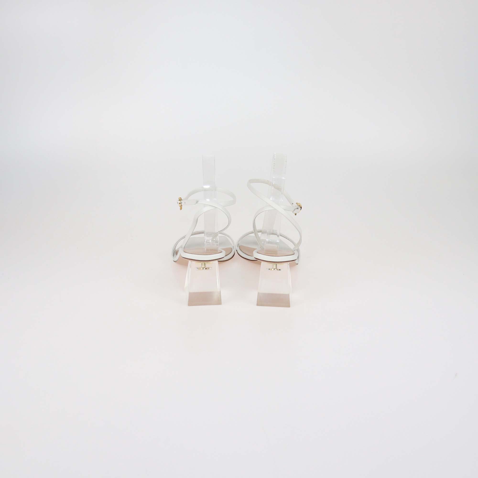 Gianvito Rossi Cosmic White Leather Plexi Clear Heel Ankle Strap Sandals