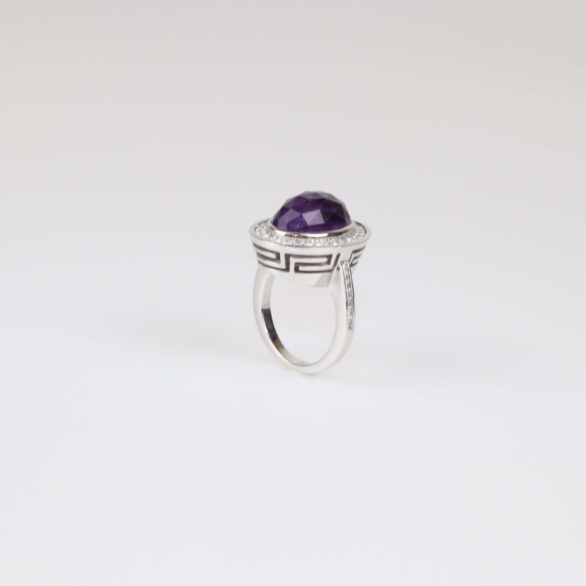 Versace 18K White Gold Diamond Amethyst Cocktail Ring