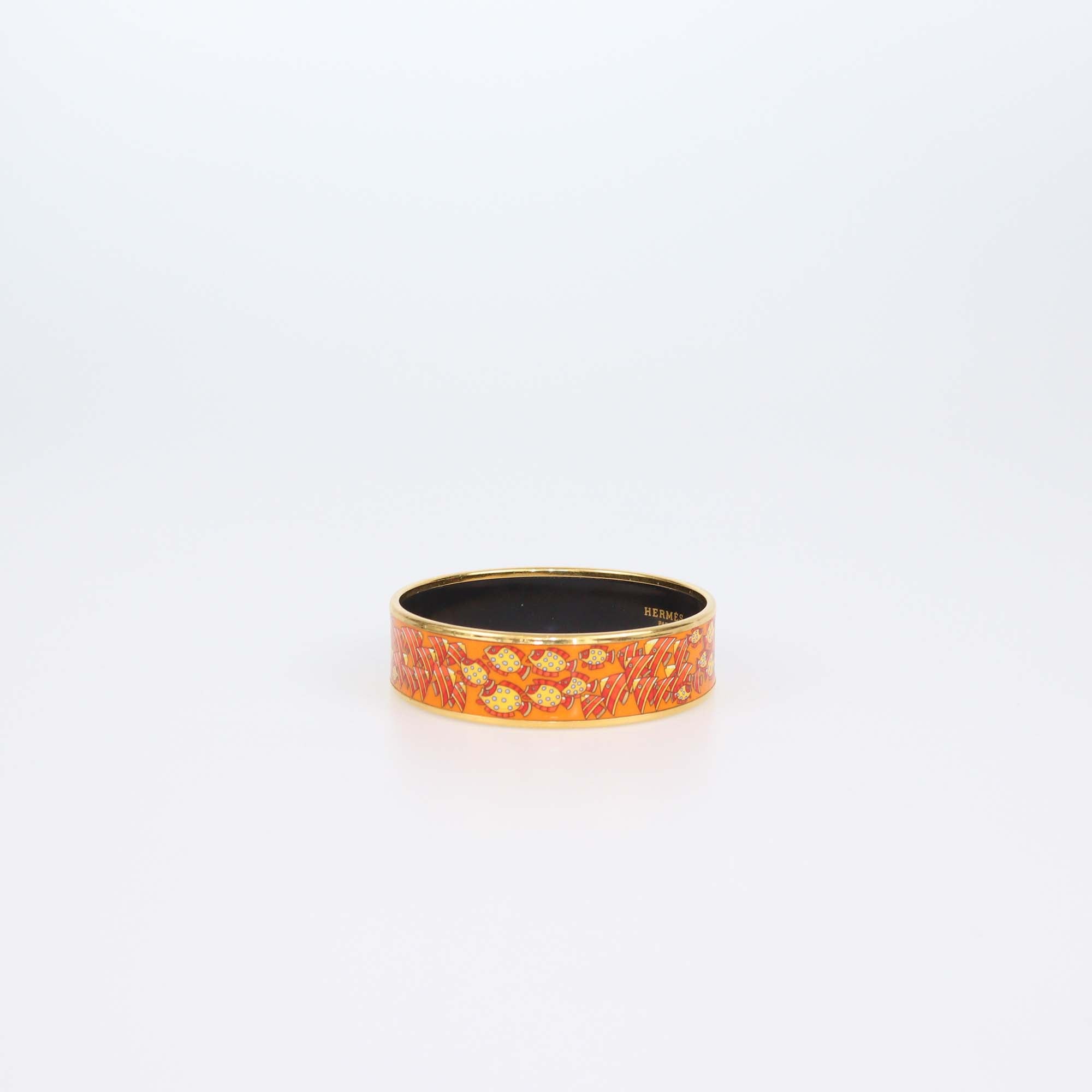 Hermes Orange Enamel Rencontre Oceane Print Wide Bangle Bracelet