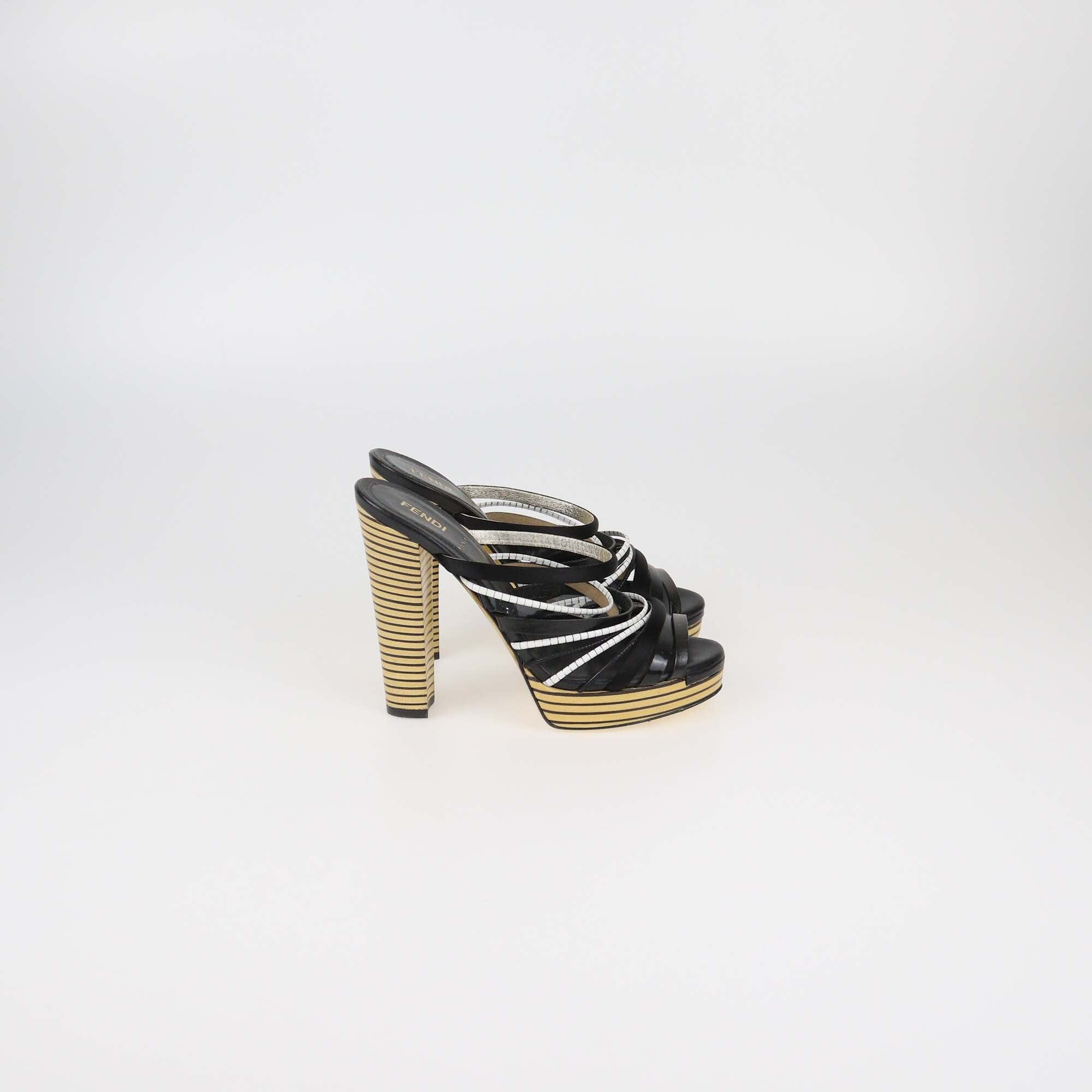Fendi Black/White Strappy Platform Slide Sandals Womens Fendi 