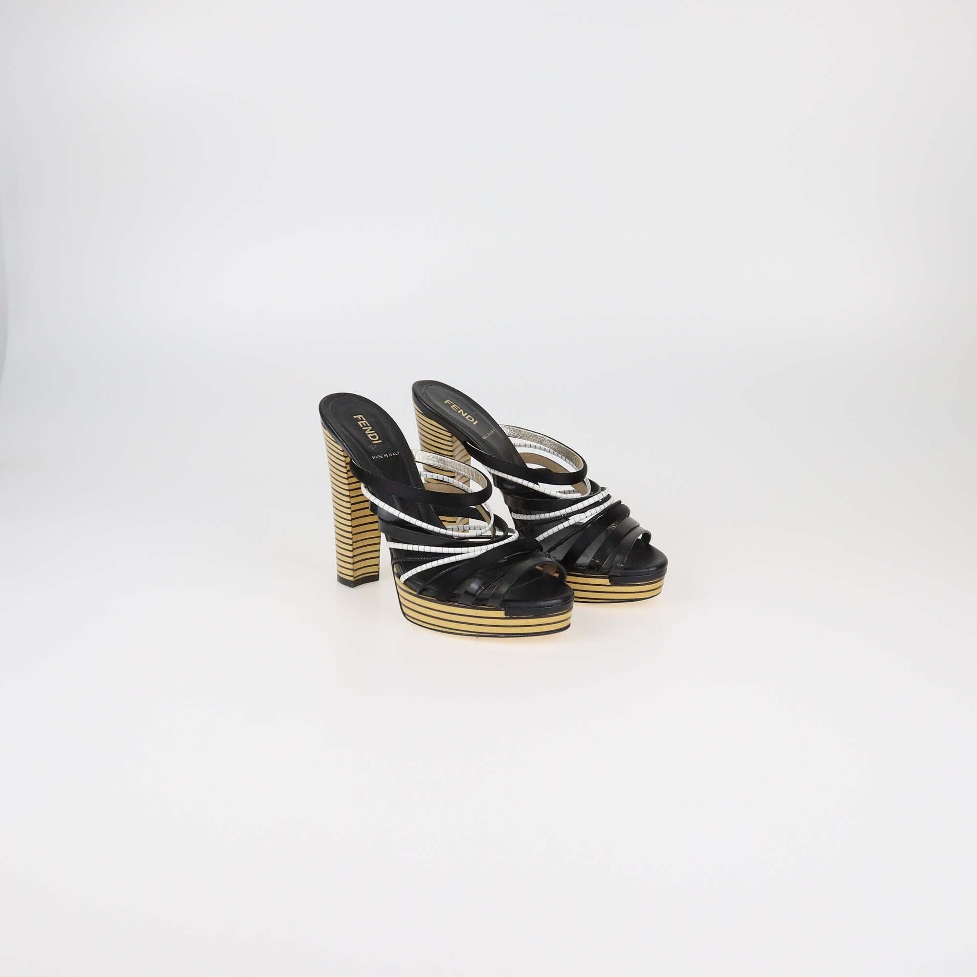 Fendi Black/White Strappy Platform Slide Sandals Womens Fendi 