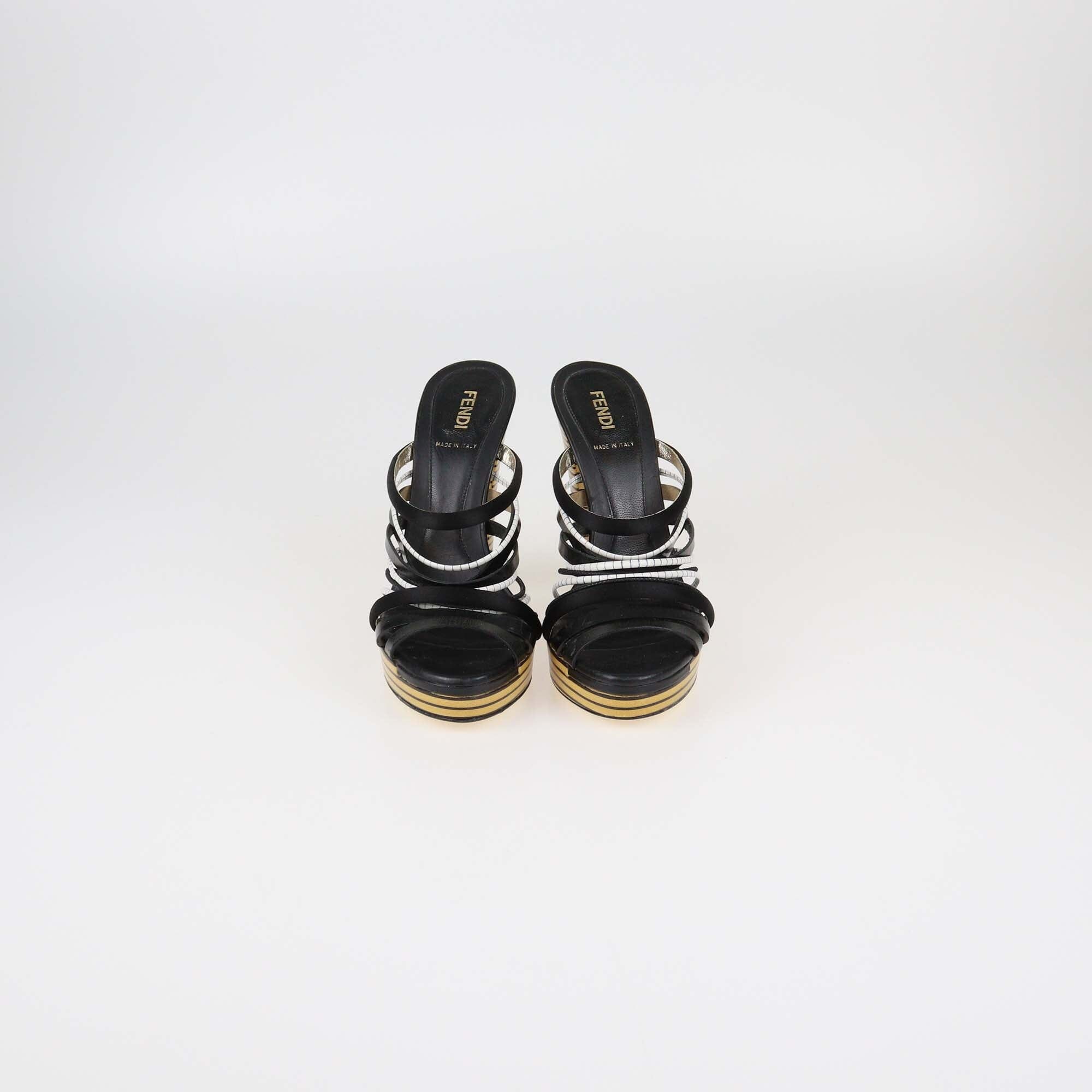 Fendi Black/White Strappy Platform Slide Sandals Womens Fendi 