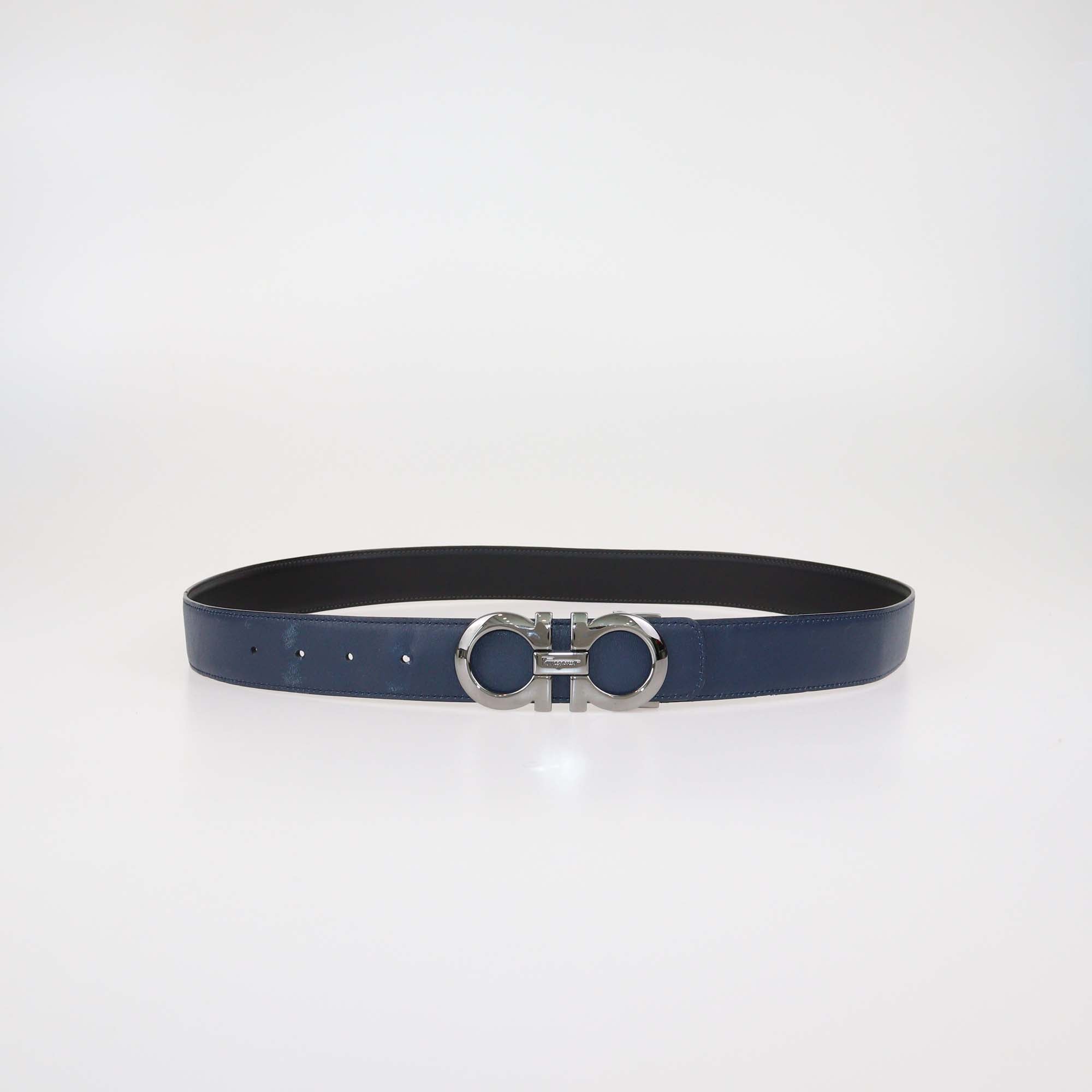 Salvatore Ferragamo Navy Blue/Black Leather Reversible Gancini Buckle Belt