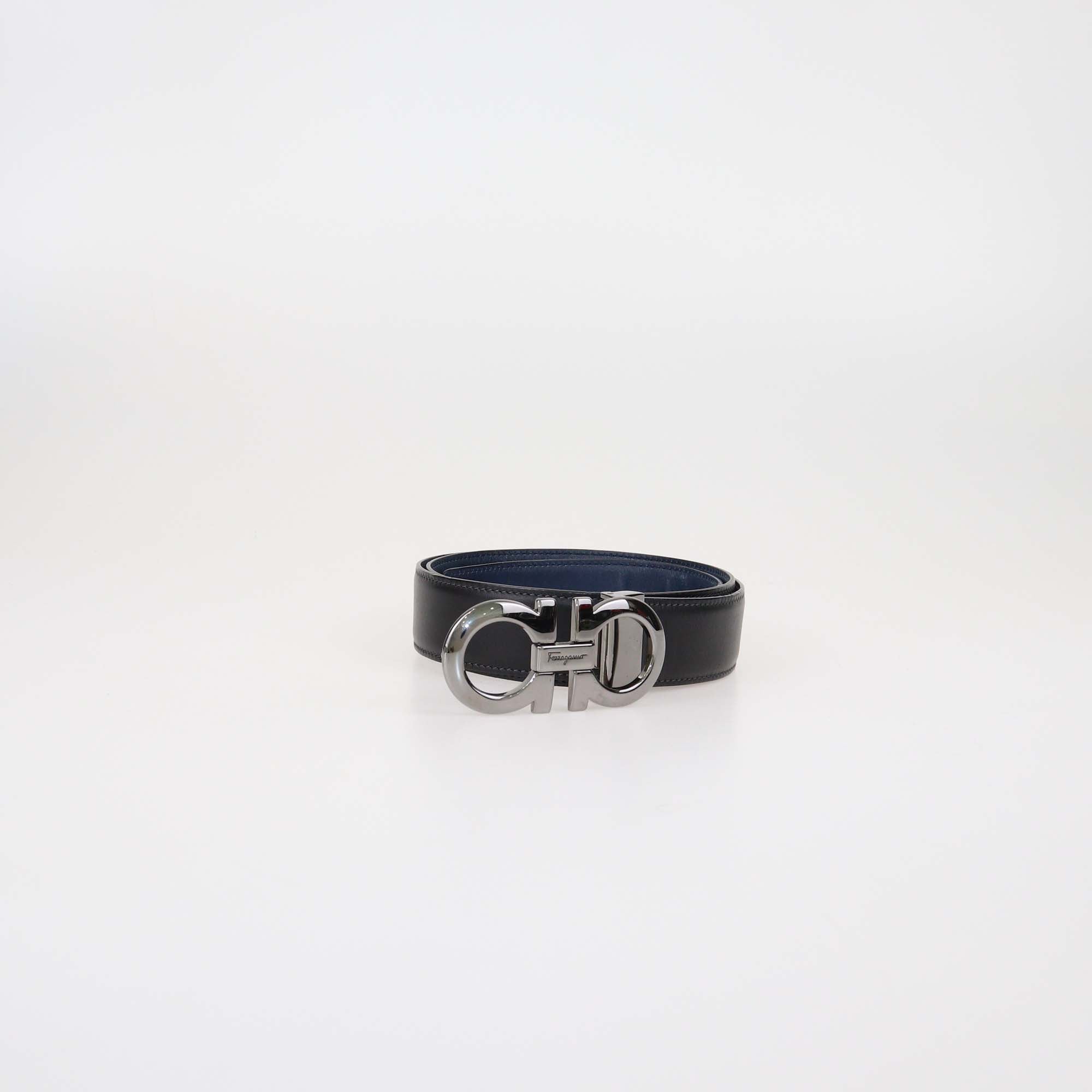 Salvatore Ferragamo Navy Blue/Black Leather Reversible Gancini Buckle Belt