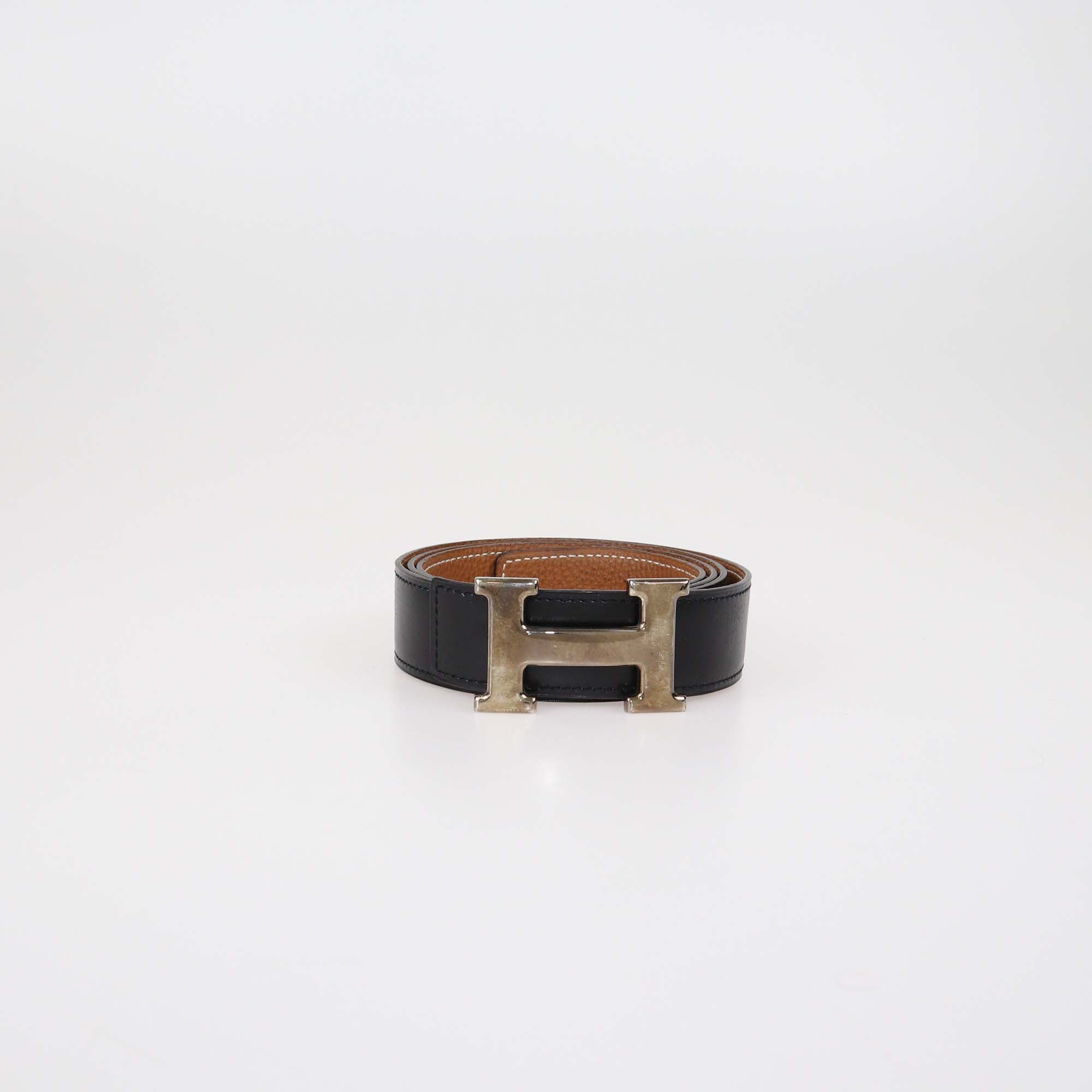 Hermes Black/Gold Box Calf & Togo Leather Reversible H Buckle Belt