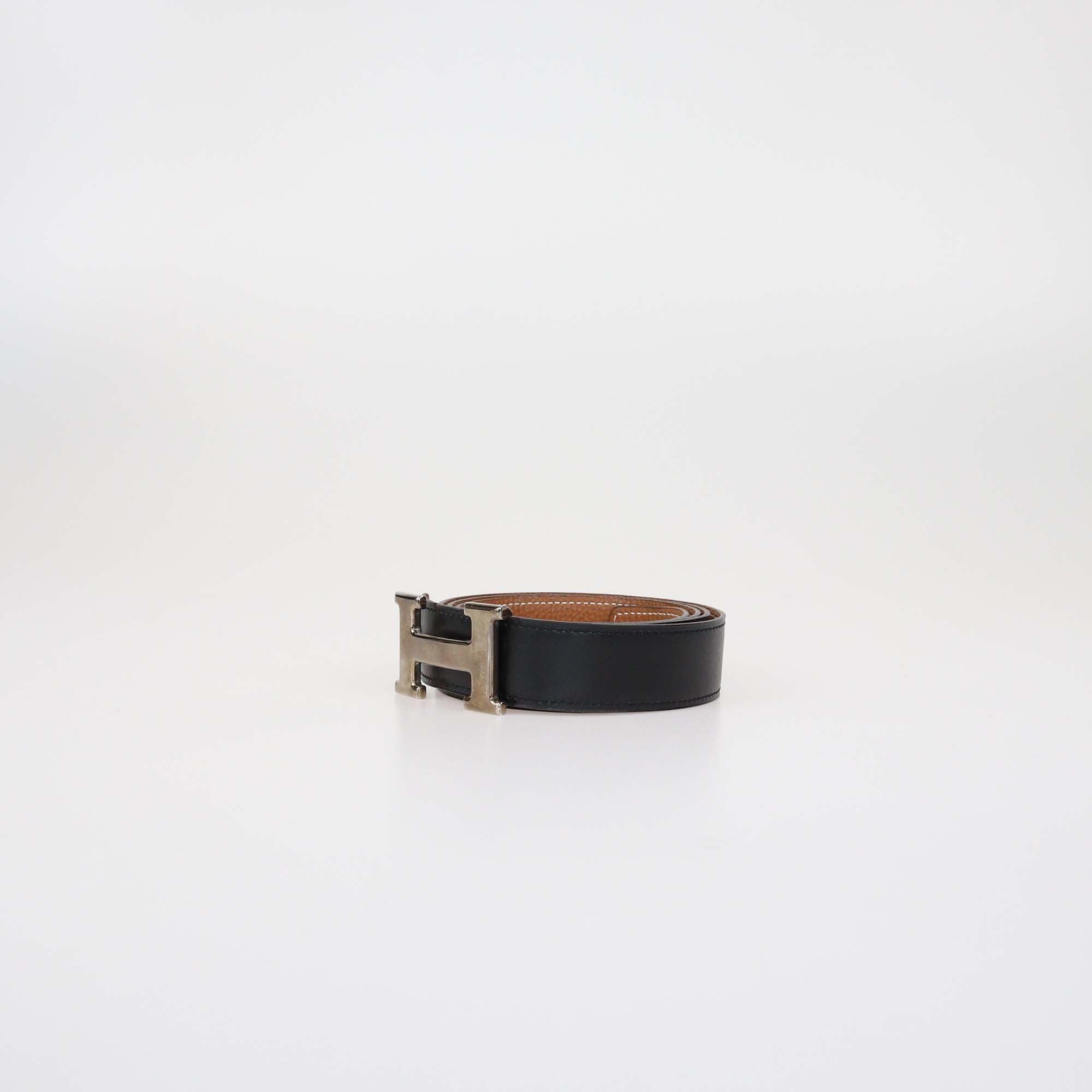 Hermes Black/Gold Box Calf & Togo Leather Reversible H Buckle Belt