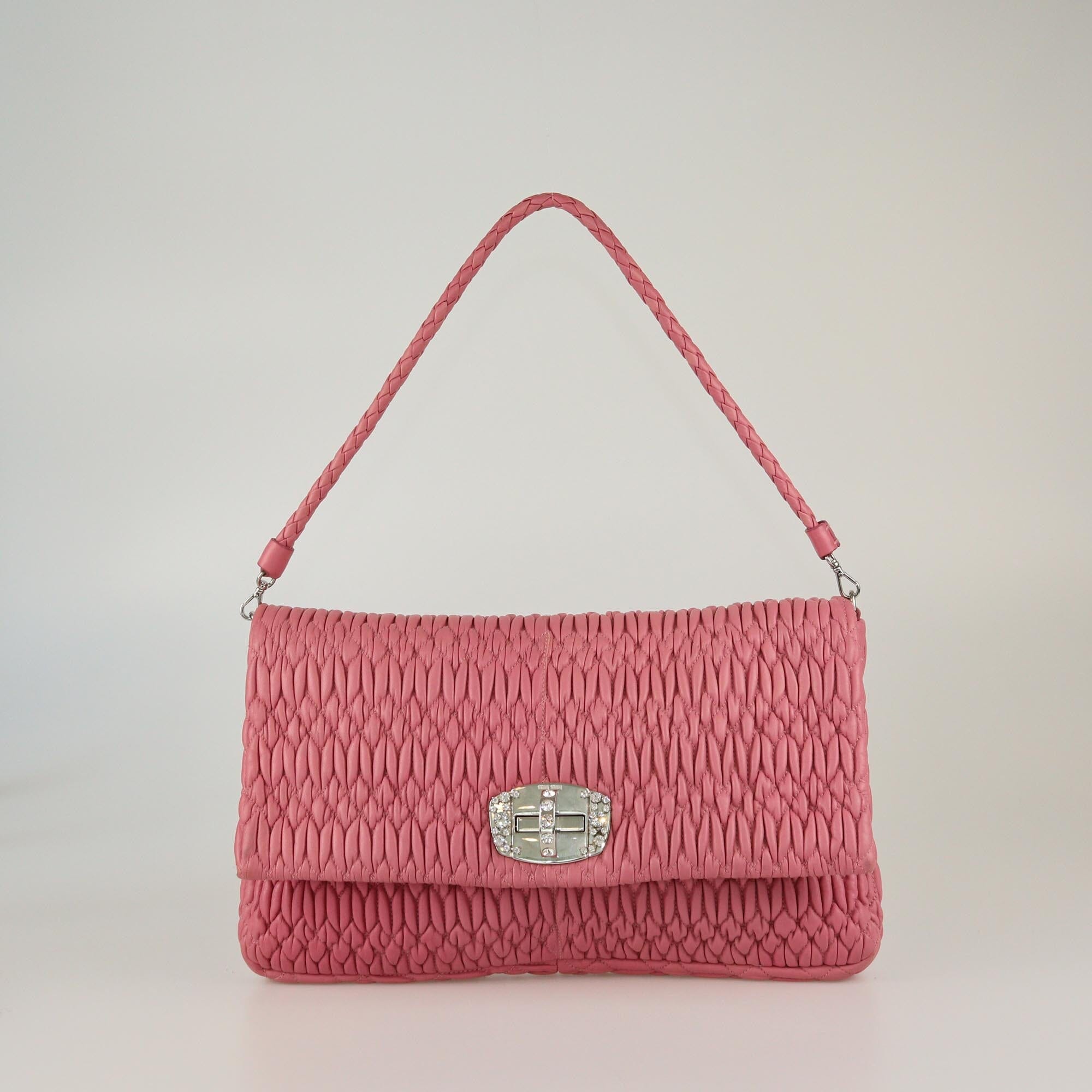 Miu Miu Pink Matelassé Crystal Flap Shoulder Bag Womens Miu Miu 