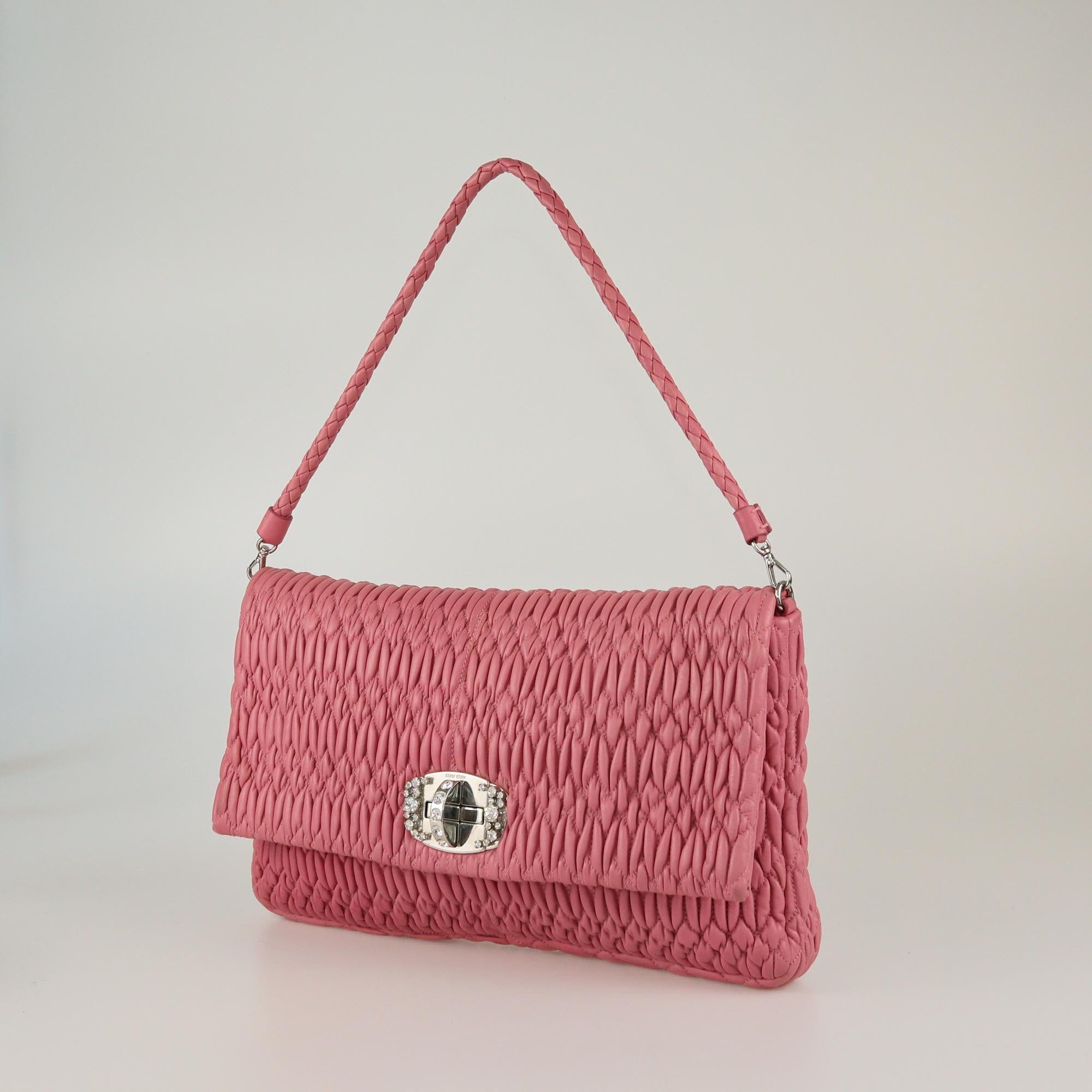 Miu Miu Pink Matelassé Crystal Flap Shoulder Bag Womens Miu Miu 