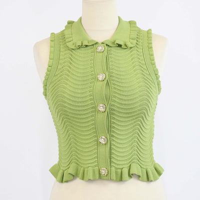 Sandro Green Blend Viscose Textured Knit Frilled Sleeveless Top