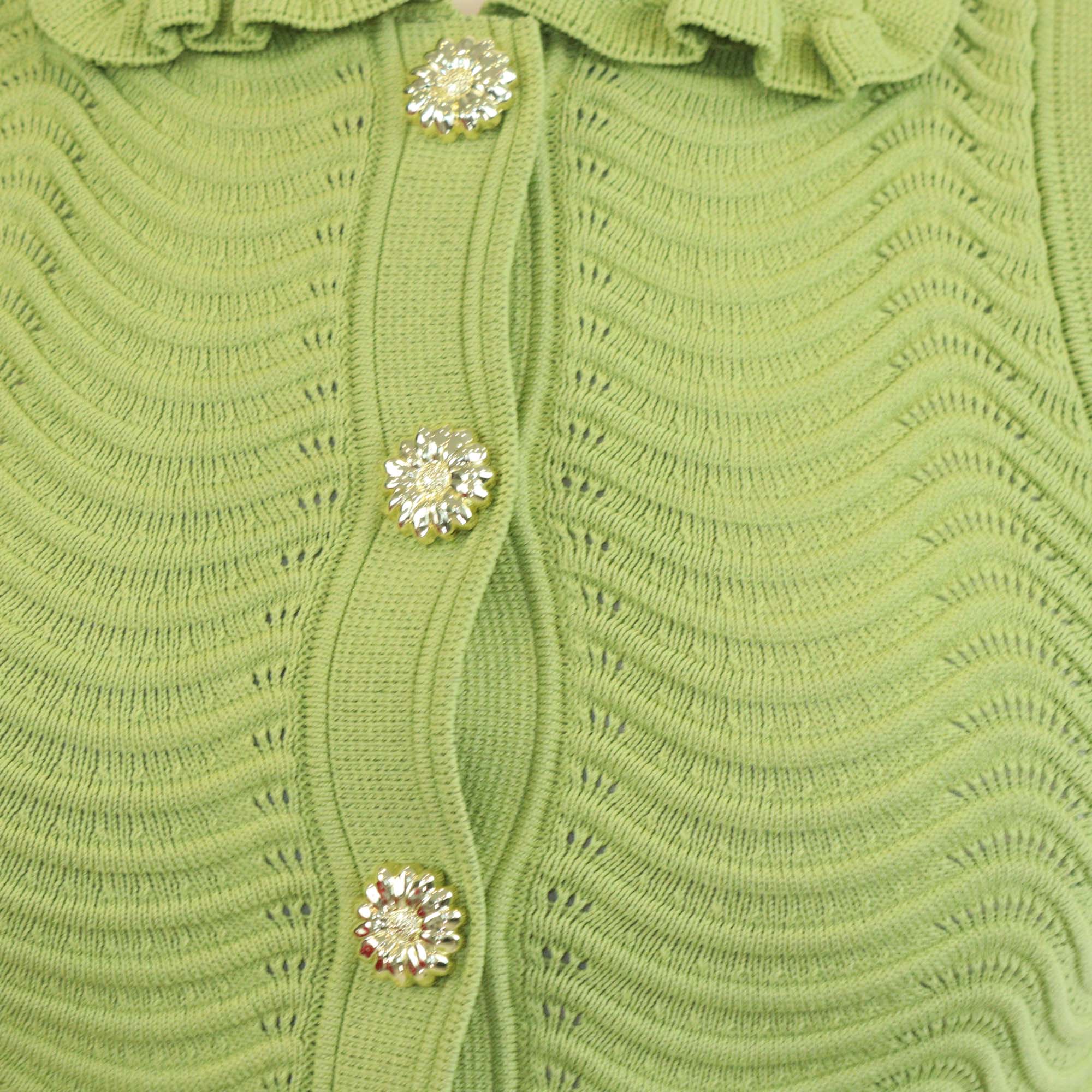 Sandro Green Blend Viscose Textured Knit Frilled Sleeveless Top