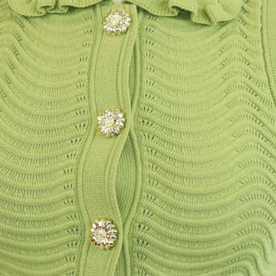 Sandro Green Blend Viscose Textured Knit Frilled Sleeveless Top