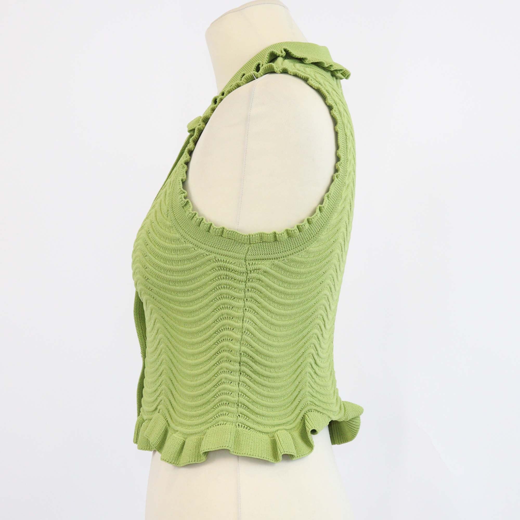 Sandro Green Blend Viscose Textured Knit Frilled Sleeveless Top