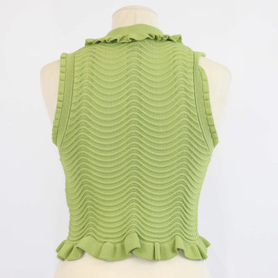Sandro Green Blend Viscose Textured Knit Frilled Sleeveless Top