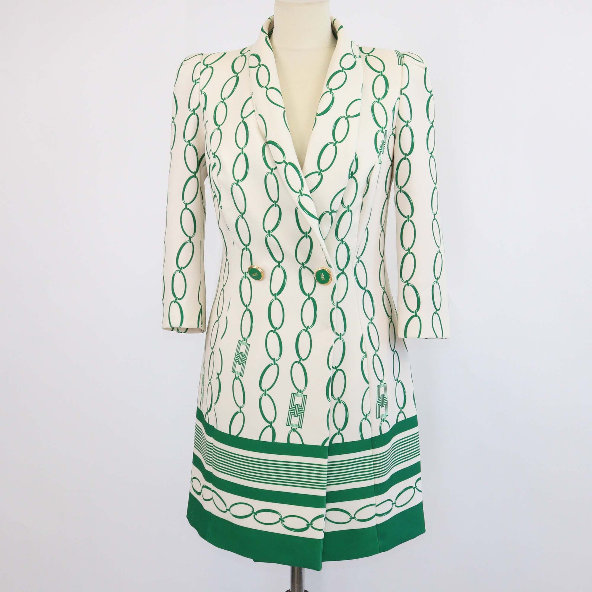 Elisabetta Franchi Cream/Green Blend Fabric Chain Print Double Breasted Blazer Dress