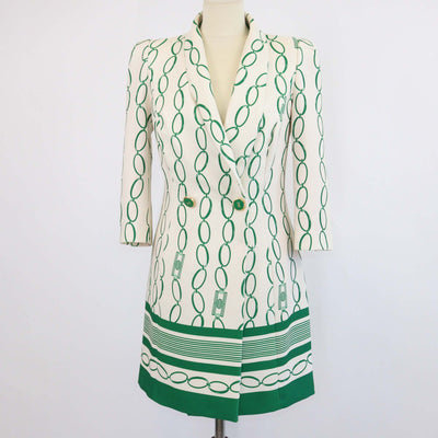 Elisabetta Franchi Cream/Green Blend Fabric Chain Print Double Breasted Blazer Dress