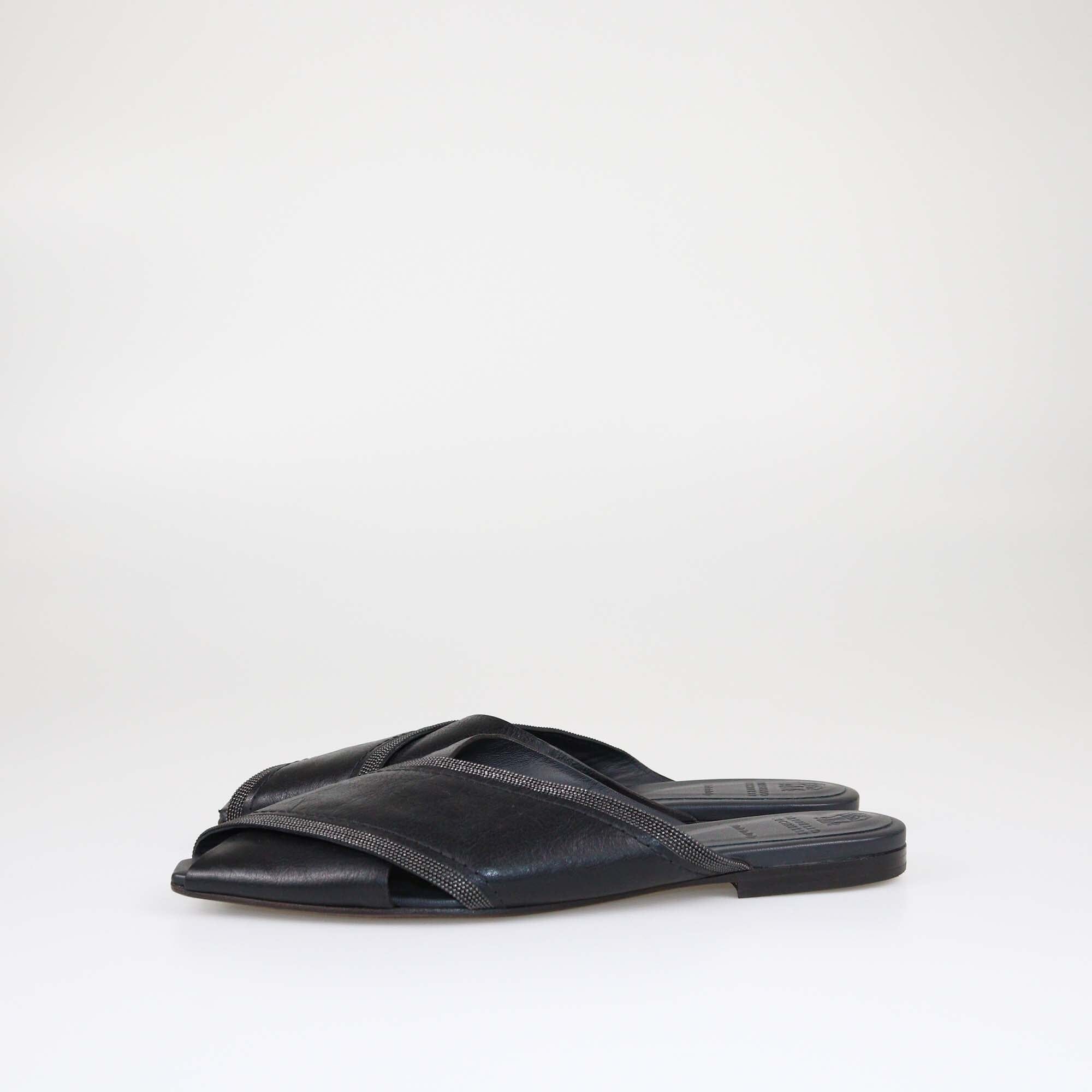 Brunello Cucinelli Black Peep Toe Crossover Strap Flats Womens Brunello Cucinelli 