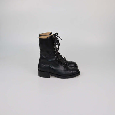 Chanel Black Leather CC Cap Toe Combat Boots