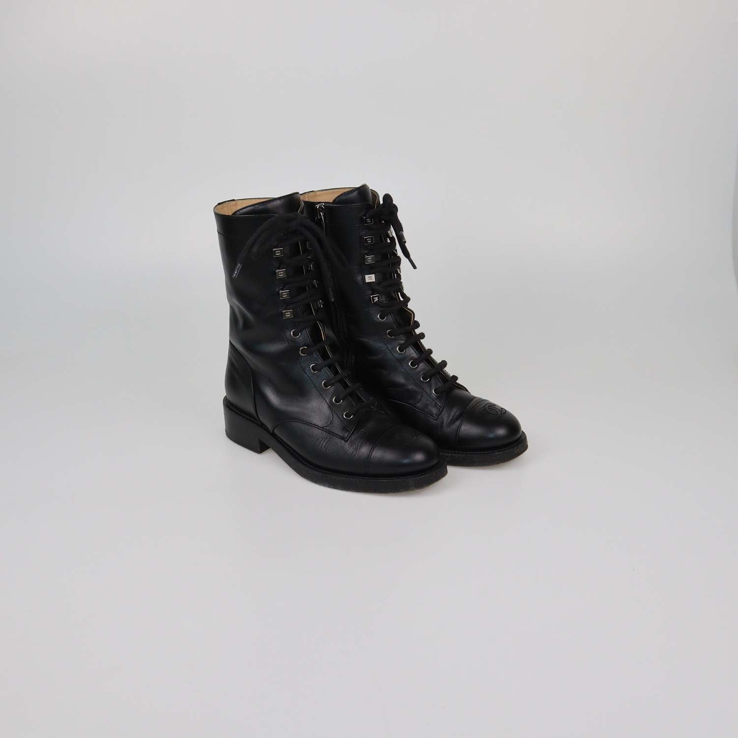 Chanel Black Leather CC Cap Toe Combat Boots