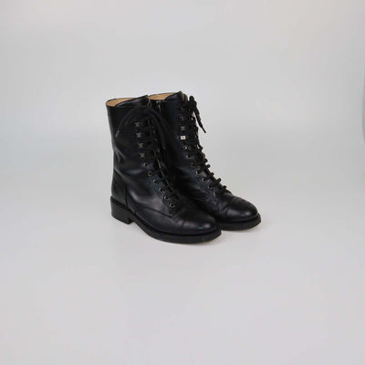 Chanel Black Leather CC Cap Toe Combat Boots