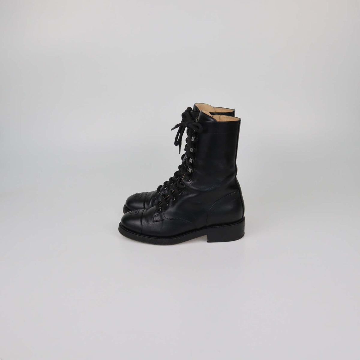 Chanel Black Leather CC Cap Toe Combat Boots