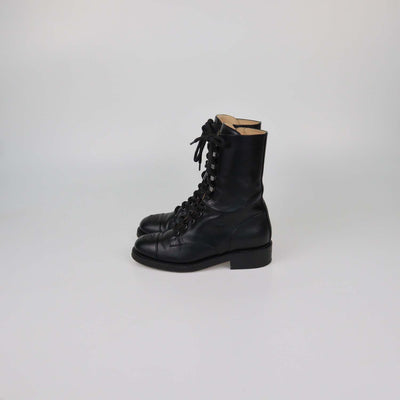 Chanel Black Leather CC Cap Toe Combat Boots