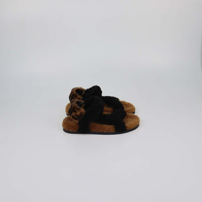 Fendi Black/Broan Shearling Ankle Strap Flat Sandals