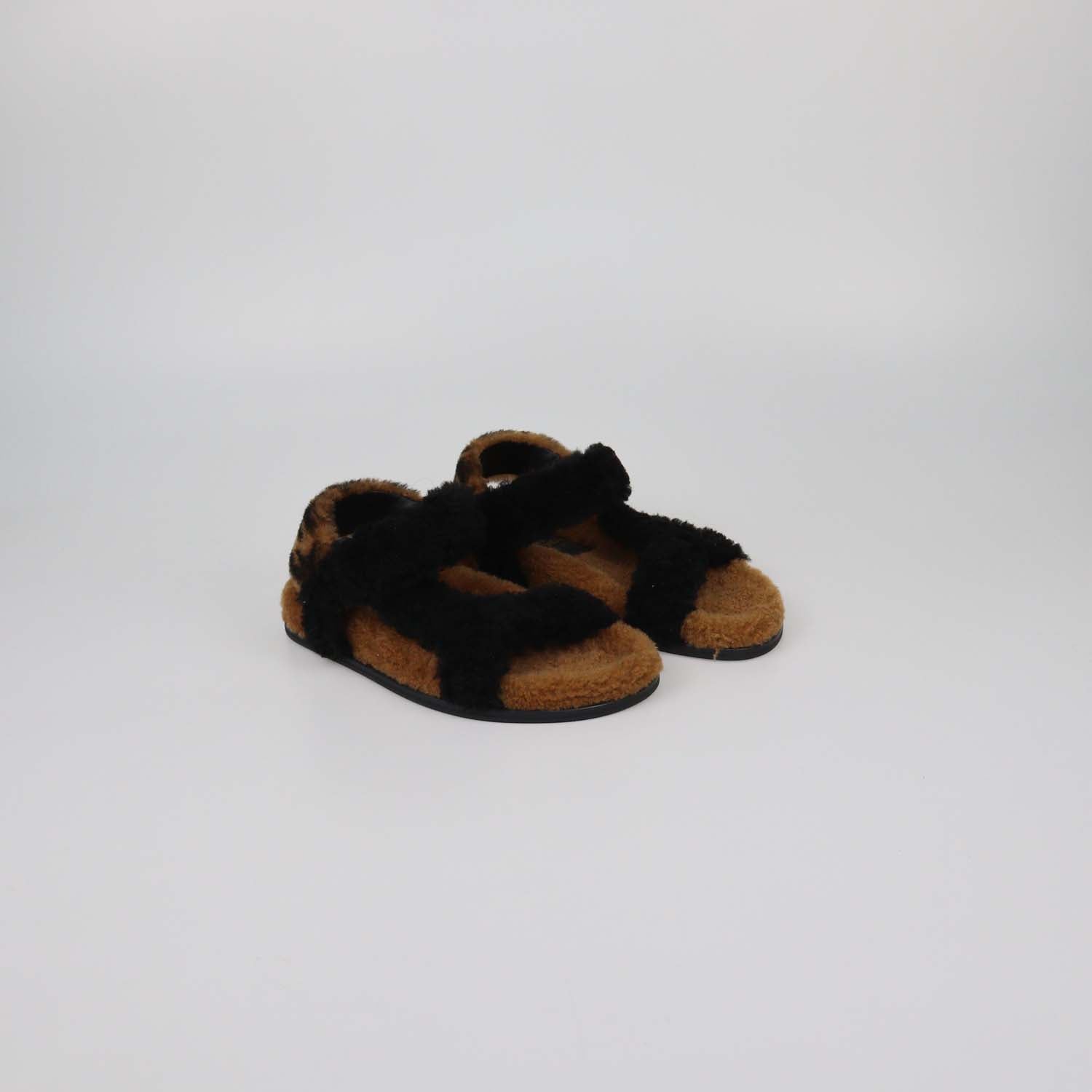 Fendi Black/Broan Shearling Ankle Strap Flat Sandals