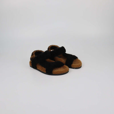 Fendi Black/Broan Shearling Ankle Strap Flat Sandals