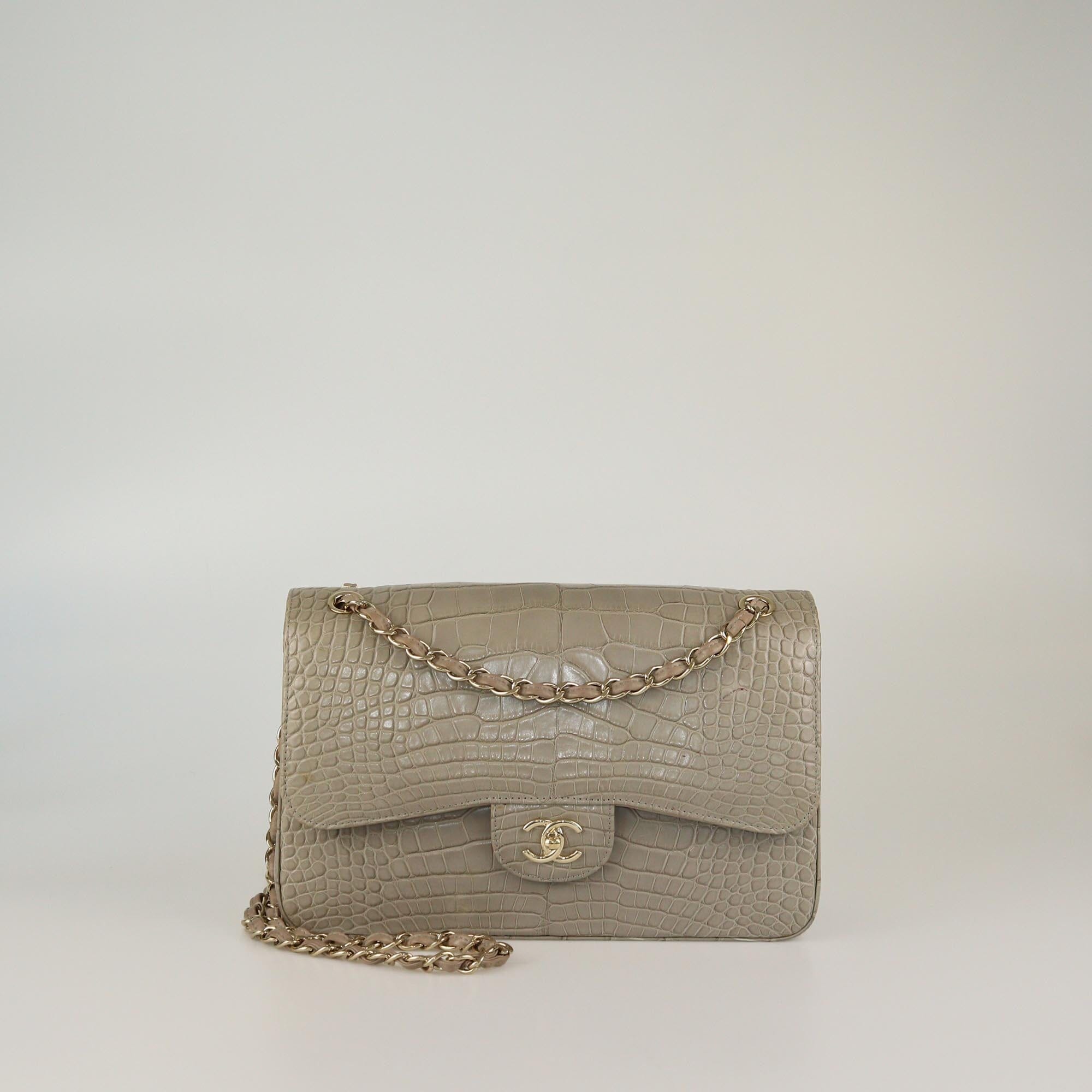 Chanel Grey Alligator Jumbo Classic Double Flap Bag Womens Chanel 