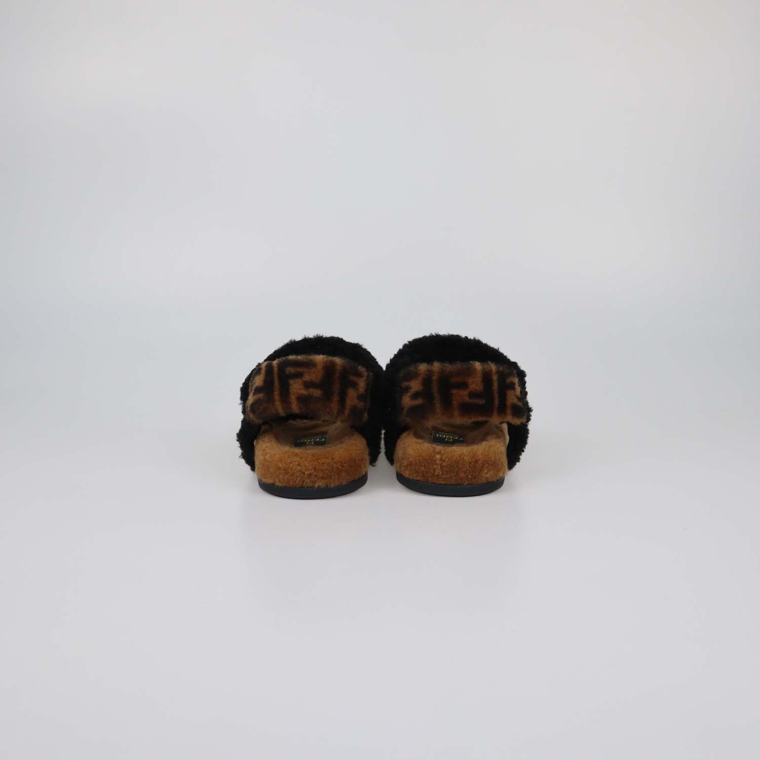 Fendi Black/Broan Shearling Ankle Strap Flat Sandals