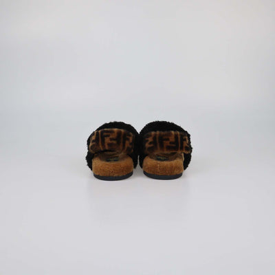 Fendi Black/Broan Shearling Ankle Strap Flat Sandals