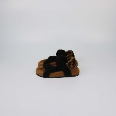 Fendi Black/Broan Shearling Ankle Strap Flat Sandals