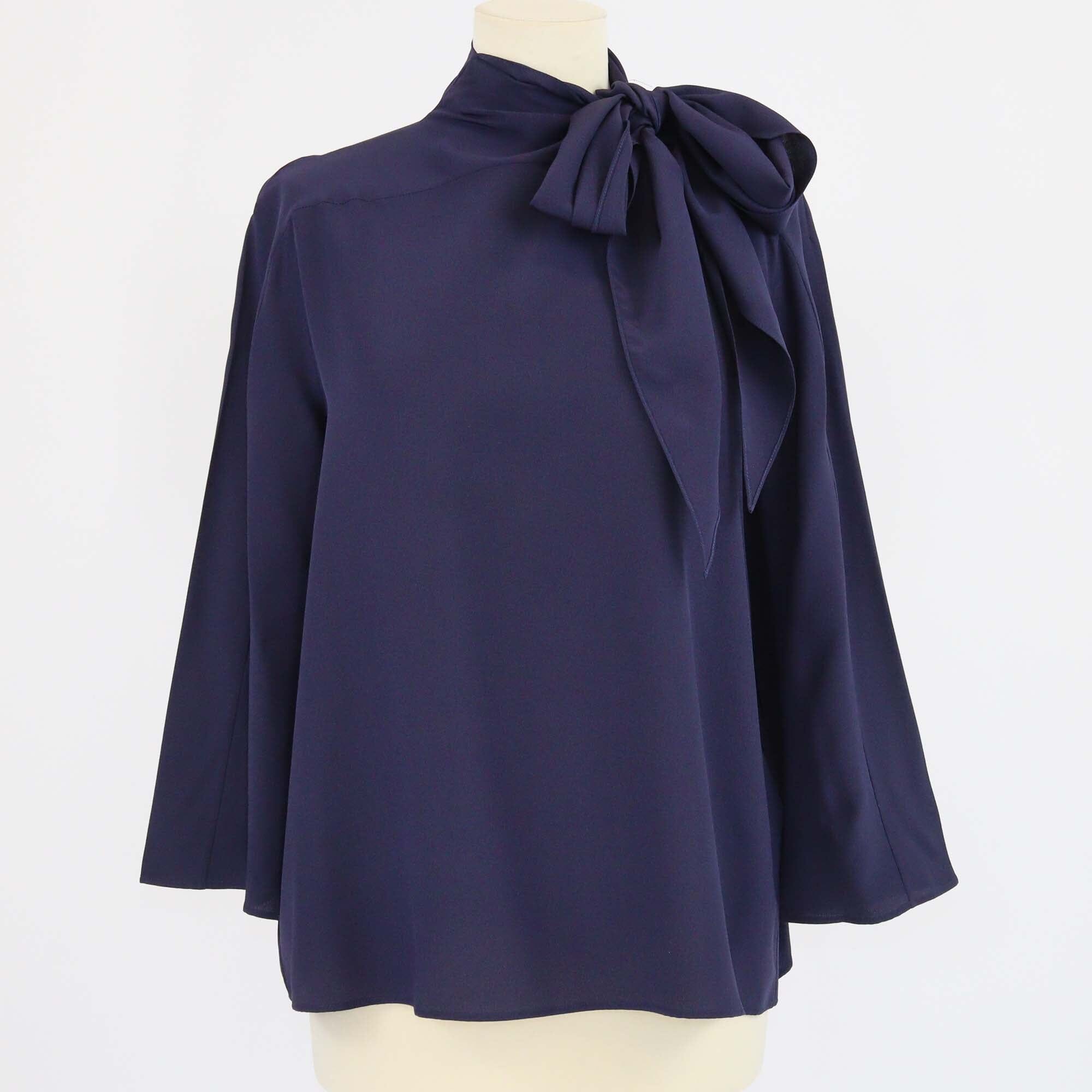 Hermes Navy Blue Three Quarter Sleeve Neck Tie Top Womens Hermes 