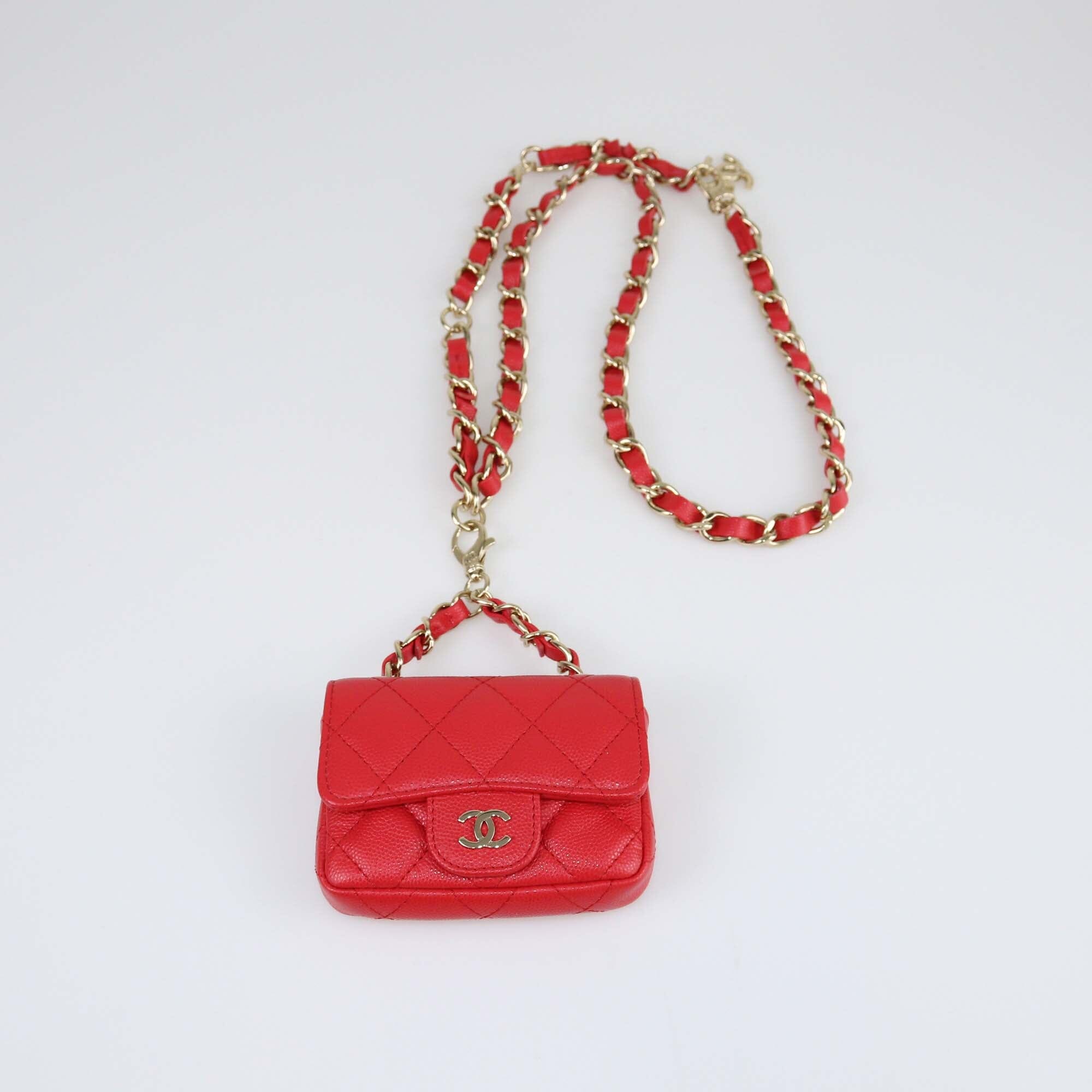 Chanel Red Quilted Caviar Charm Card Holder Chain Belt Bag Womens Chanel 