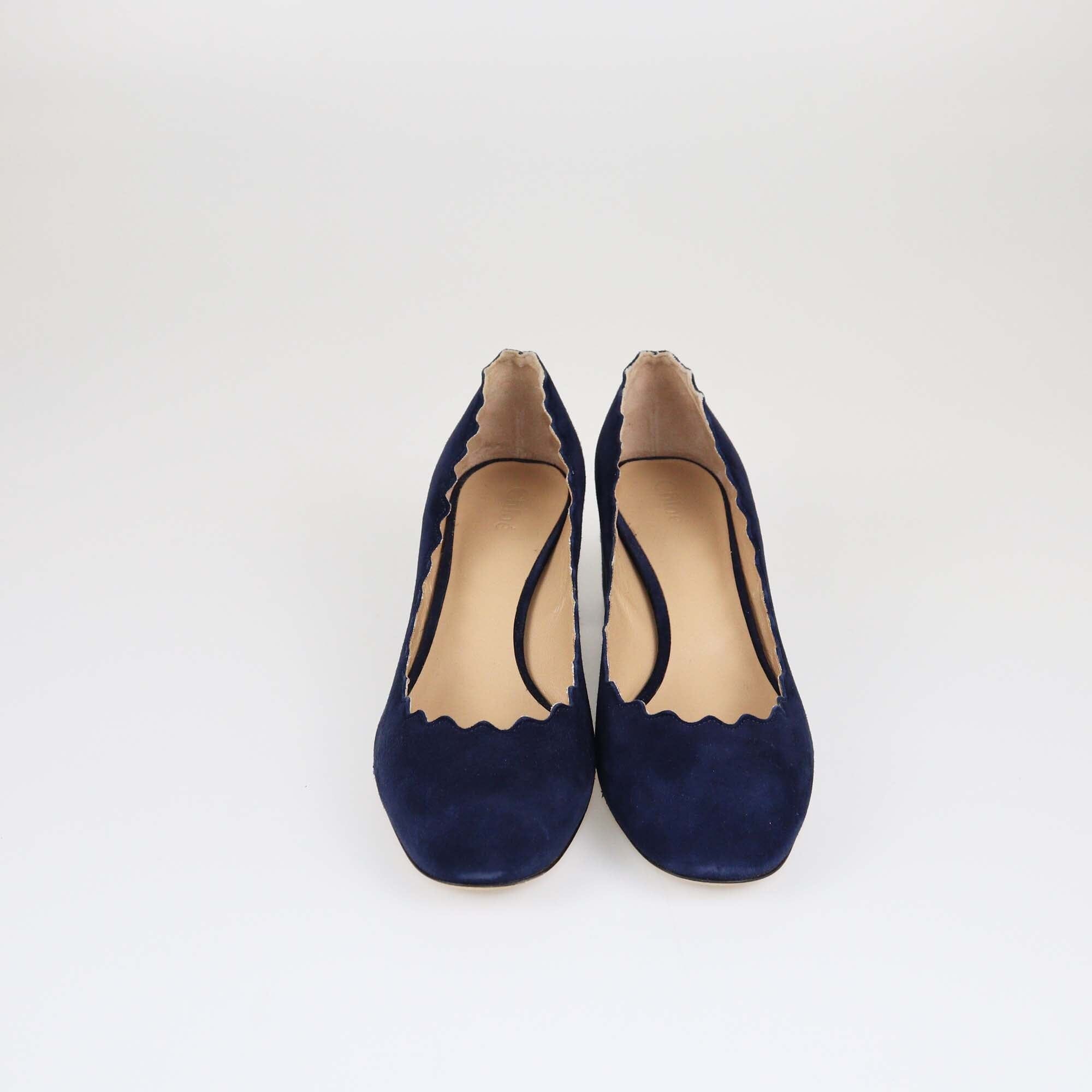 Chloe Navy Blue Scalloped Heel Lauren Pumps