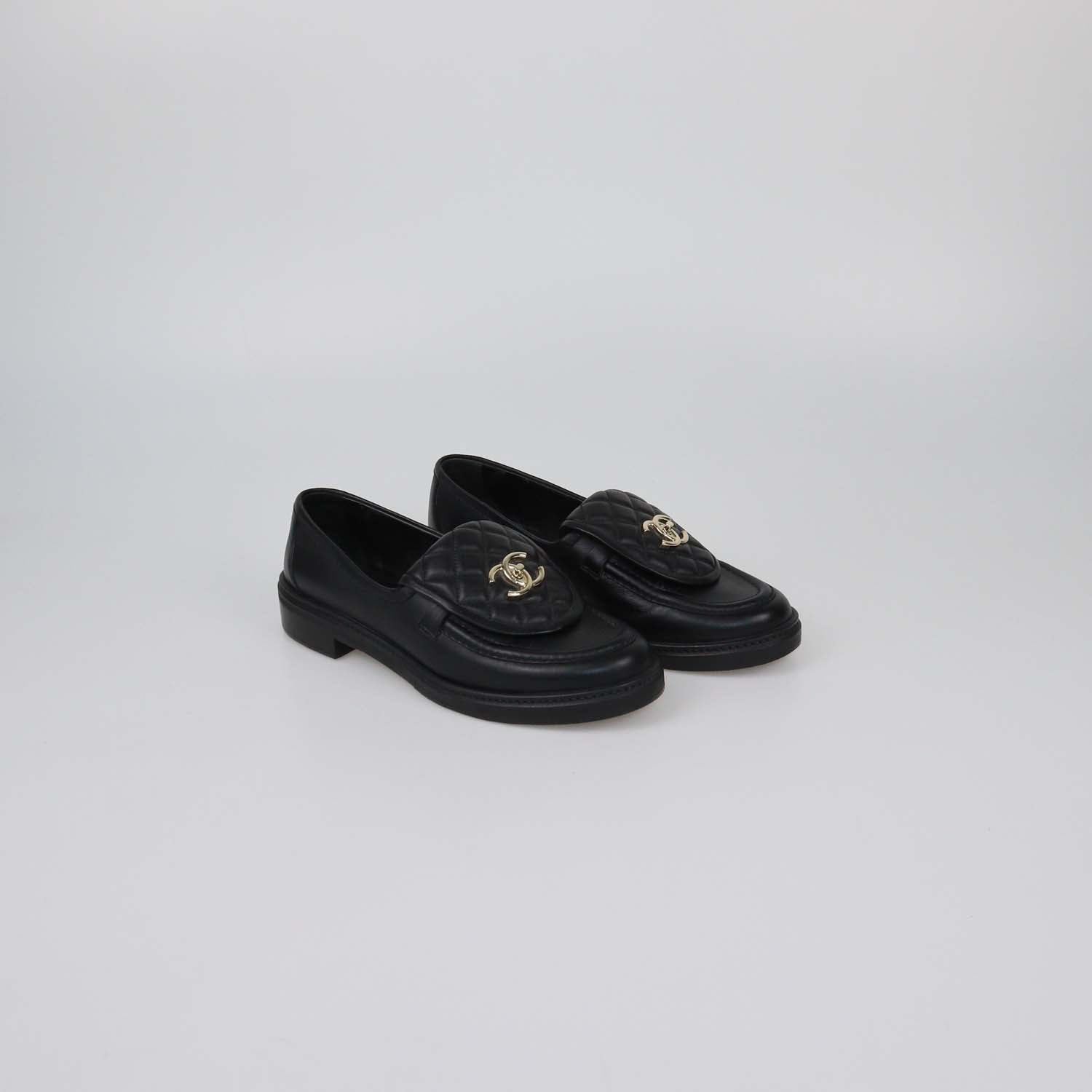 Chanel Black Quilted Leather CC Turnlock Loafers
